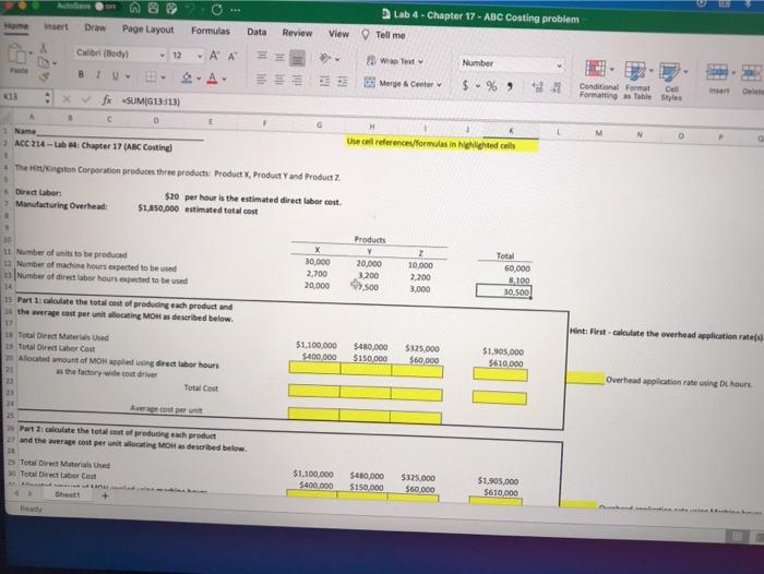  Lab 4 - Chapter 17 - ABC Costing problem Home Insert