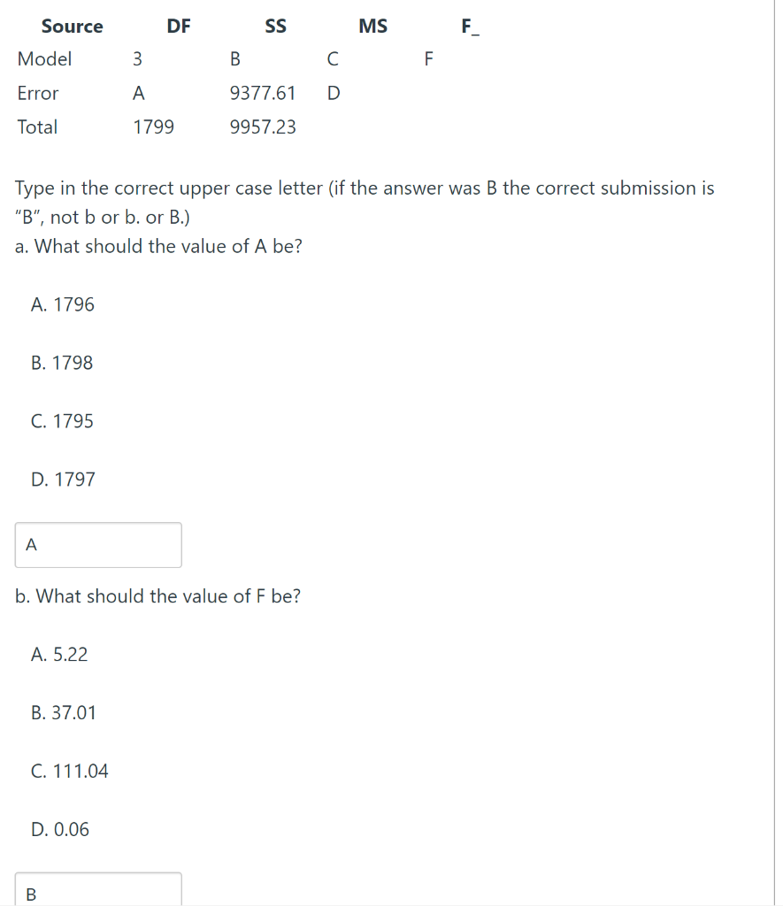 Type in the correct upper case letter (if the answer was