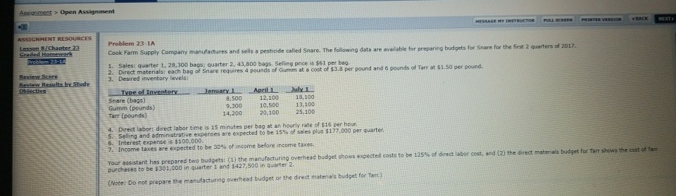  Assignment Open Assignment PURL SCHEEN Problem 23-1A Cook Farm Supply Company