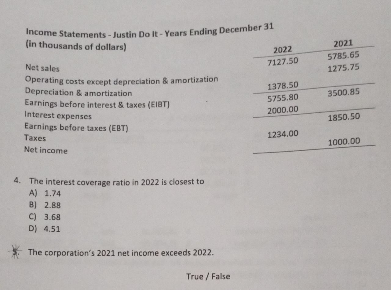 Please provide both aswer and mathematical process. Income Statements - Justin Do