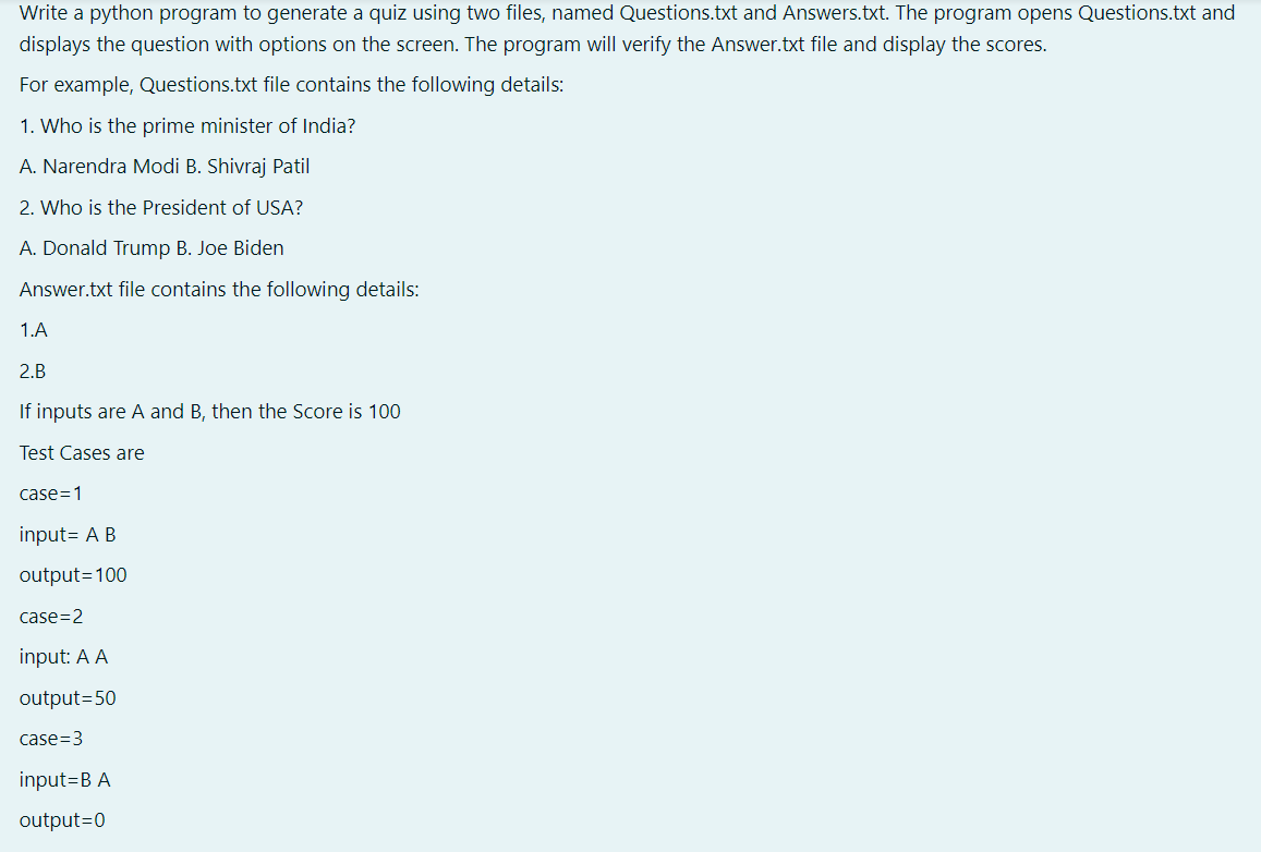  Write a python program to generate a quiz using two files,
