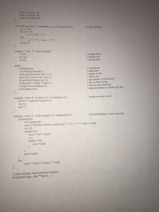 the source code projectl.spp. Given the Complex class and my Stock template