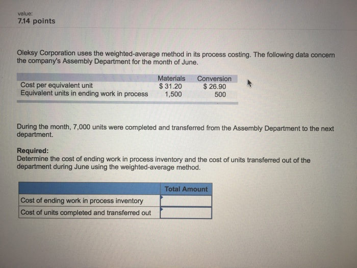  value: 7.14 points Oleksy Corporation uses the weighted-average method in its