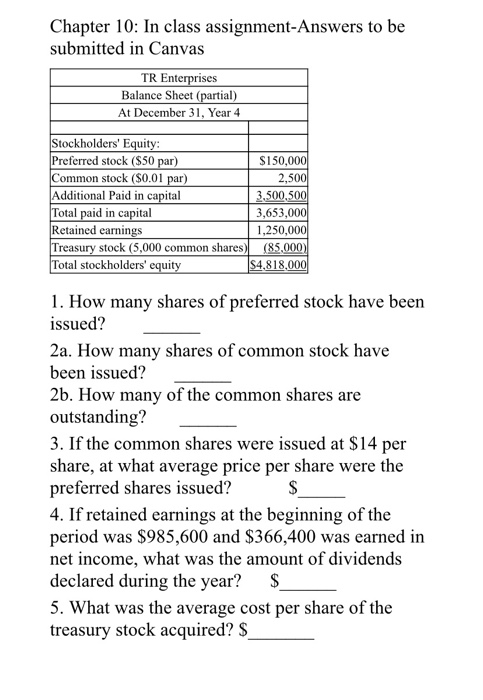 Chapter 10: In class assignment-Answers to be submitted in Canvas TR