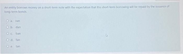  An entity borrows money on a short-term note with the expectation