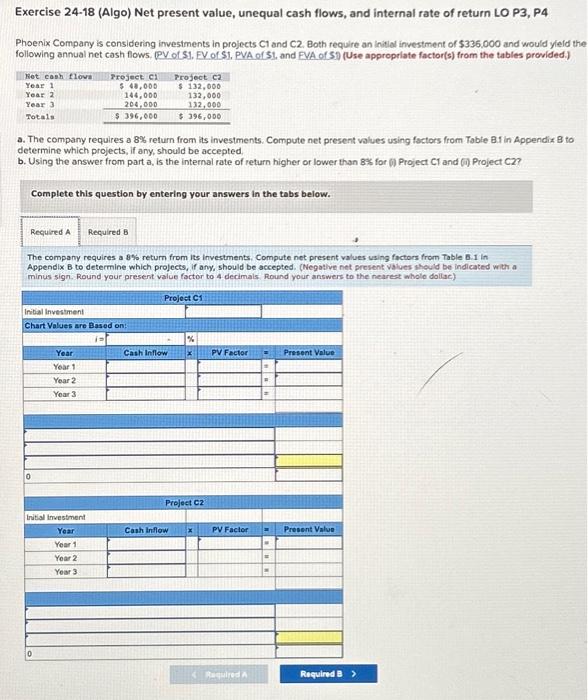  Exercise 24-18 (Algo) Net present value, unequal cash flows, and internal