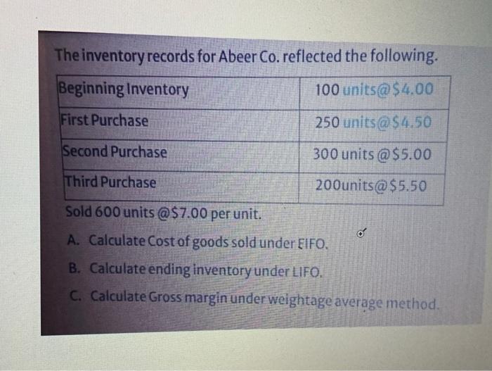  The inventory records for Abeer Co. reflected the following. Beginning Inventory