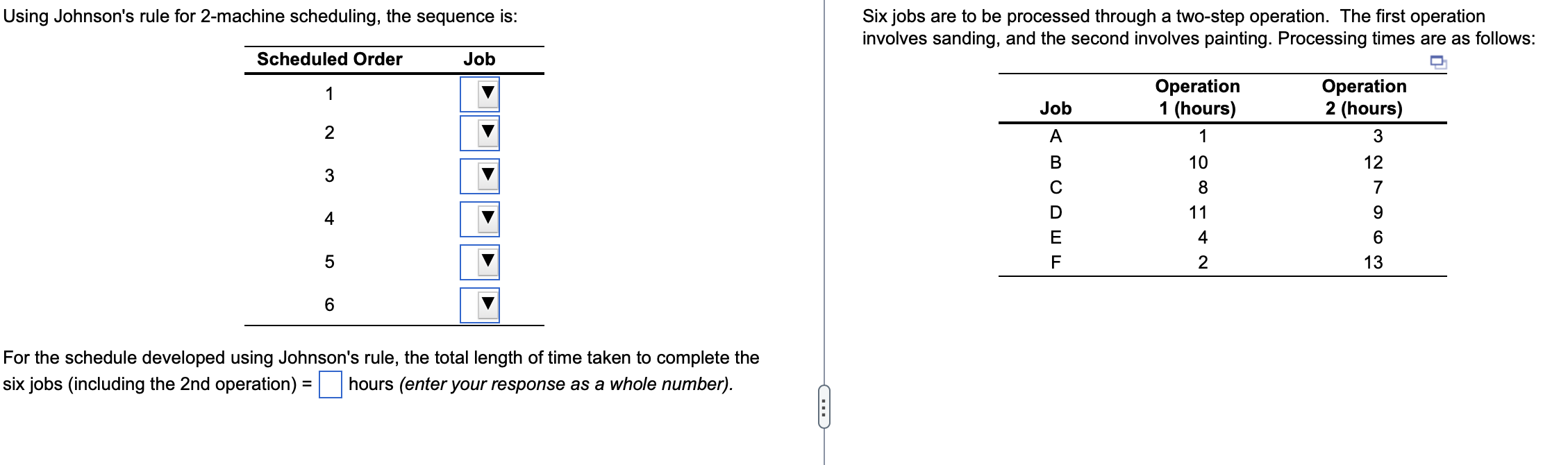  Using Johnson's rule for 2-machine scheduling, the sequence is: Six jobs