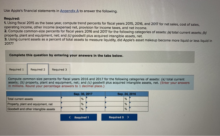 Use Apple's financial statements in Appendix A to answer the following. Required: