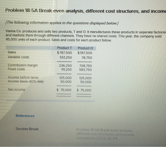  Problem 18-5A Break even analysis, different cost structures, and income [The