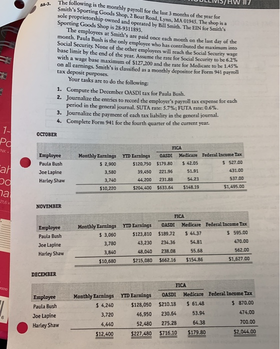 BA-1. The following is the monthly payroll of Andersen Company, owned by