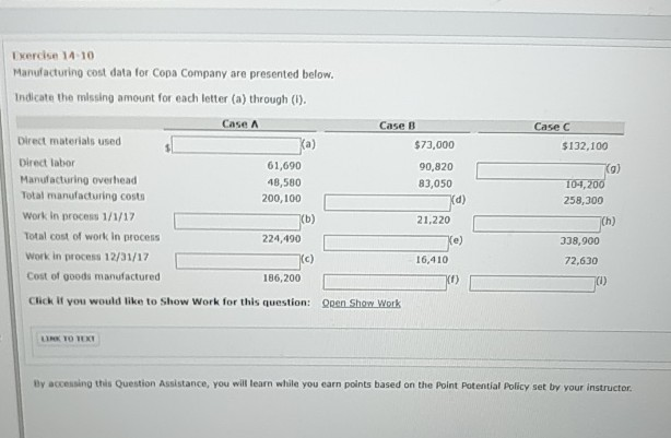  Help me solve please! Exercise 1410 Manufacturing cost data for Copa