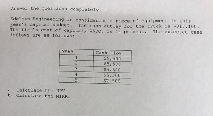  Answer the questions completely. Edelman Engineering is considering a piece of