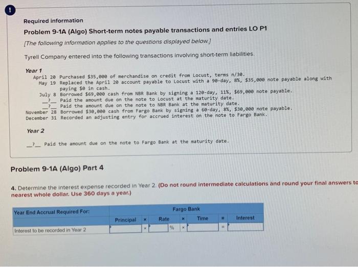  Required information Problem 9-1A (Algo) Short-term notes payable transactions and entries