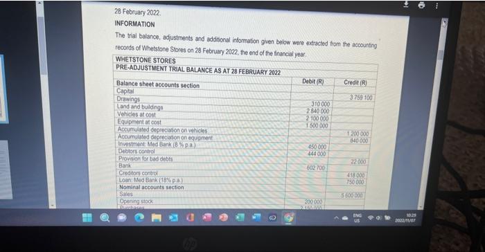 for the year ended 28 February 2022 INFORMATION The trial balance, adjustments