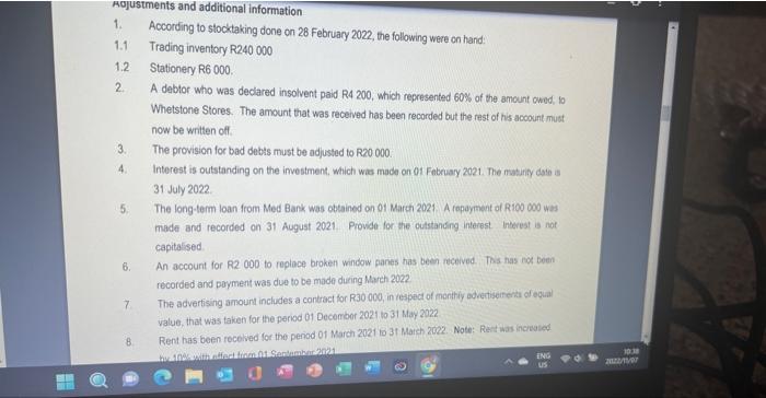 Adjustments and additional information 1. According to stocktaking done on 28 February