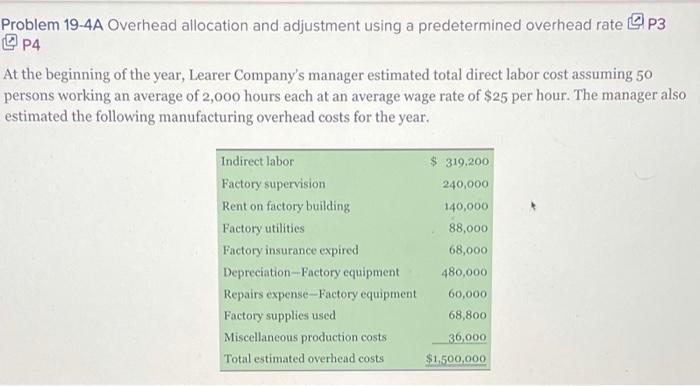 Problem 19-4A Overhead allocation and adjustment using a predetermined overhead rate