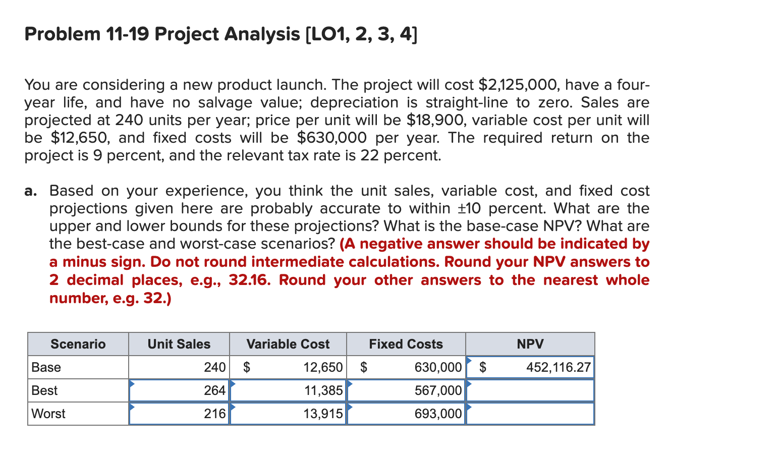  Problem 11-19 Project Analysis [LO1, 2, 3, 4] You are considering