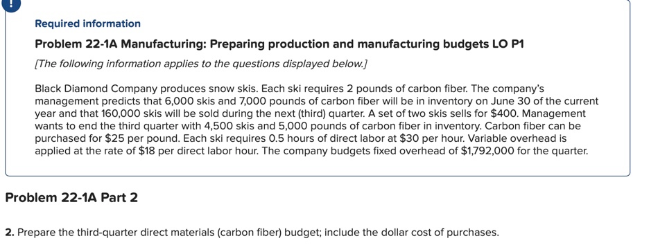 Chapter 22 Required information Problem 22-1A Manufacturing: Preparing production and manufacturing budgets