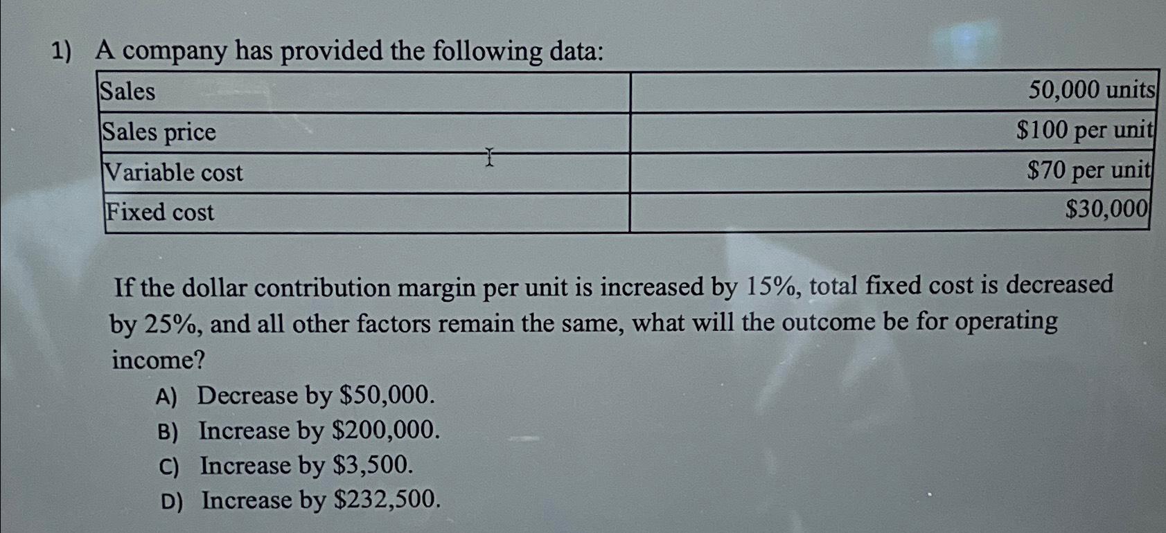  A company has provided the following data: \table[[Sales,50,000 units],[Sales price,$100 per