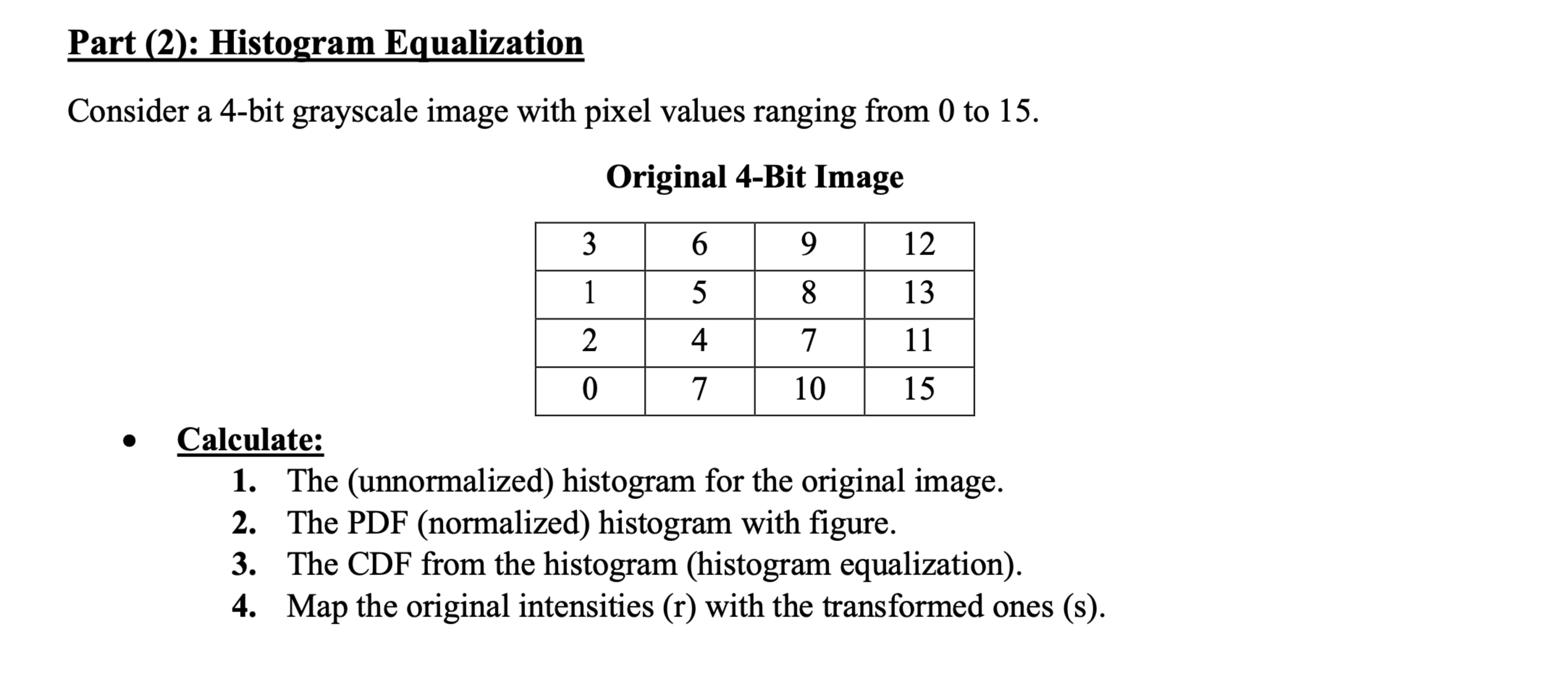  Part (2): Histogram Equalization Consider a 4-bit grayscale image with pixel