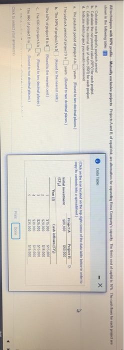  Al techniques with NPV profilo Mutually exclusive projects Projects and feare