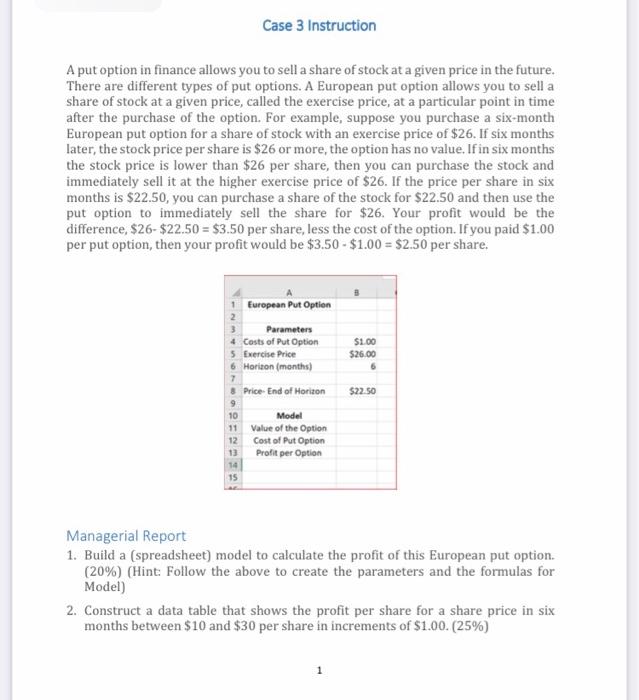  answer case questione 1-4 Case 3 Instruction A put option in