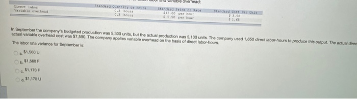  Direct labor Variable head standard Quantity or our 0.) 0.) ole