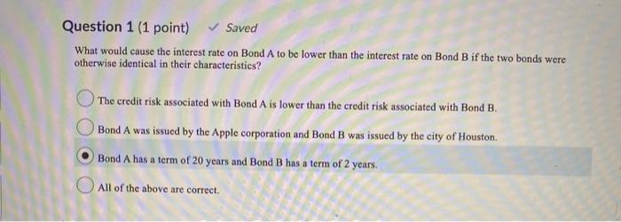  Question 1 (1 point) Saved What would cause the interest rate