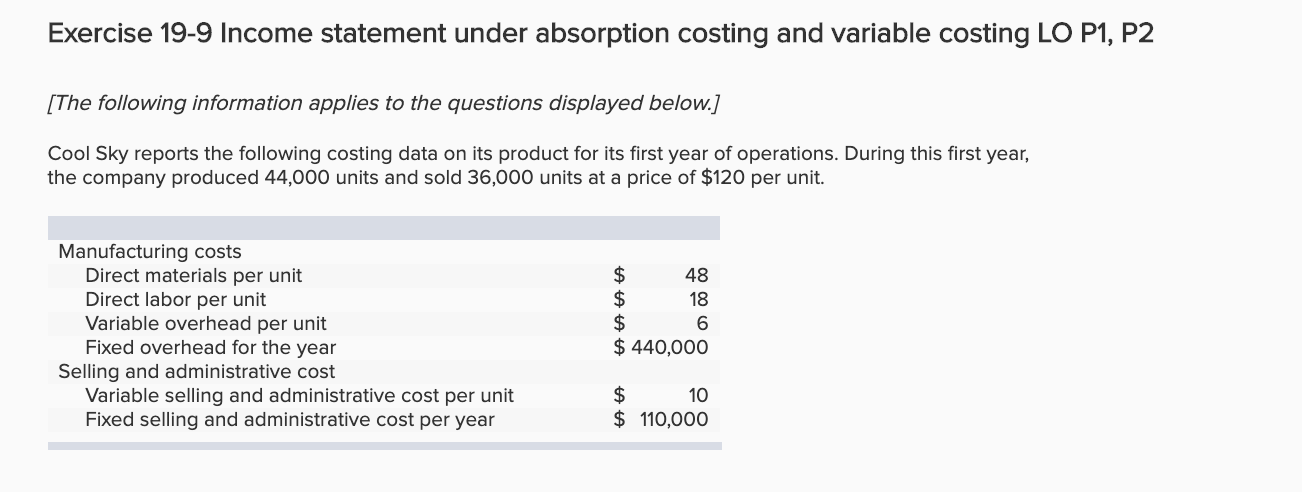  Exercise 19-9 Income statement under absorption costing and variable costing LO