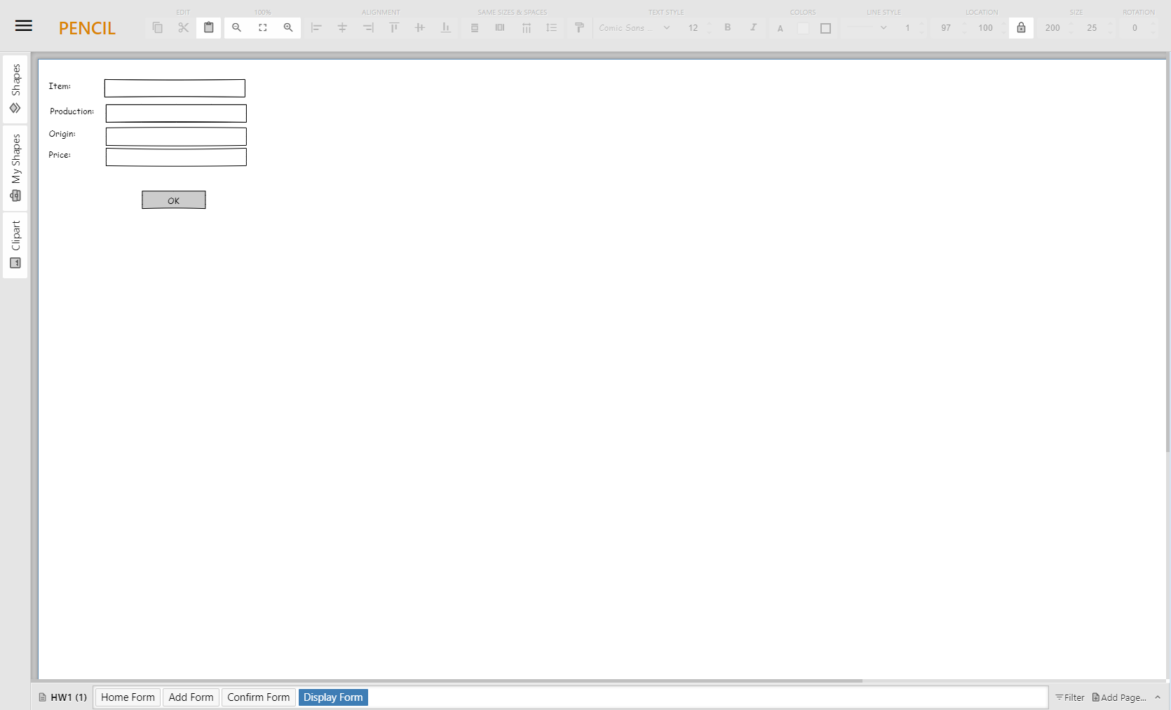 are four forms/pages in this document: Home, Add, Display, and Confirm. Your