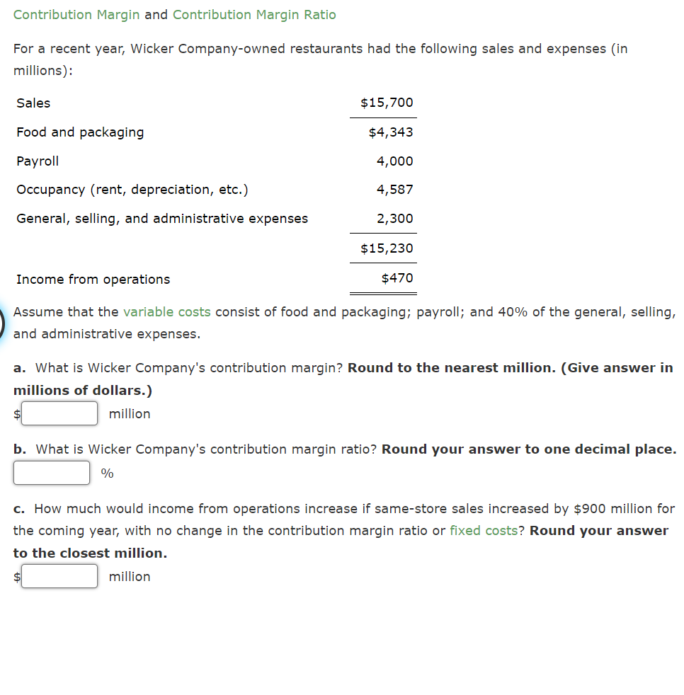 Contribution Margin and Contribution Margin Ratio For a recent year, Wicker