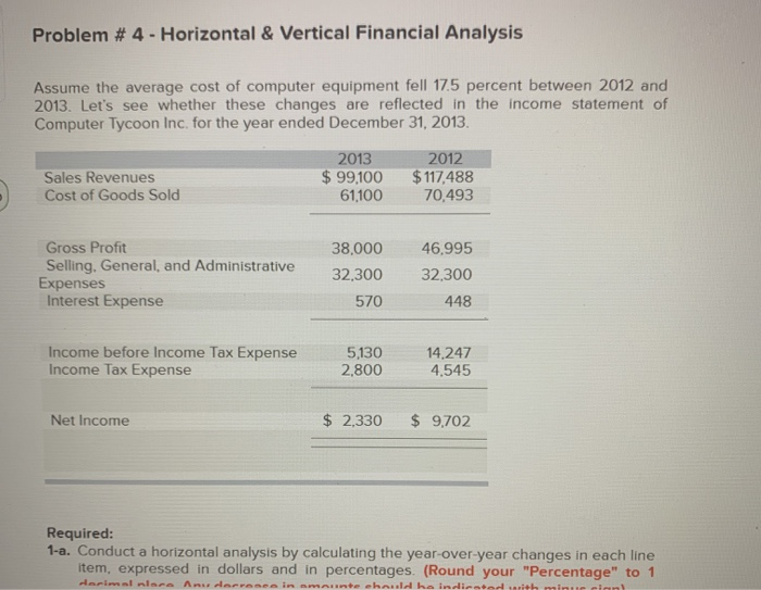  Problem # 4 - Horizontal & Vertical Financial Analysis Assume the