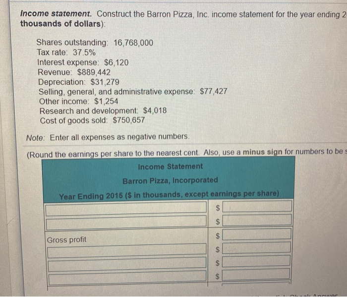  Income statement. Construct the Barron Pizza, Inc. income statement for the