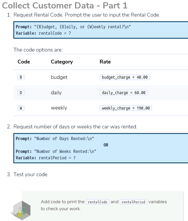 and execute in Codio, thanks Project 1: Rental Car Introduction Your task