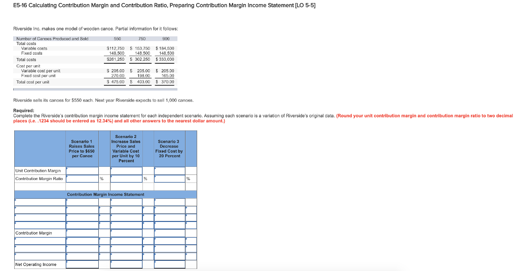 E5-16 Calculating Contribution Margin and Contribution Ratio, Preparing Contribution Margin Income