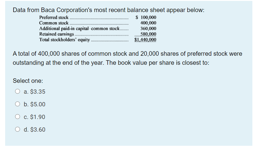 Data from Baca Corporation's most recent balance sheet appear below: Preferred