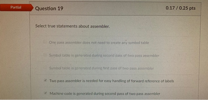  Partial Question 19 0.17/0.25 pts Select true statements about assembler. One