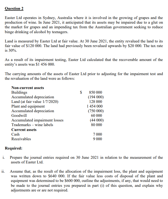 Question 2 Easter Ltd operates in Sydney, Australia where it is