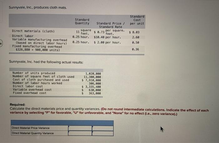 one question please answer as fast as possible Sunnyvale, Inc., produces cloth