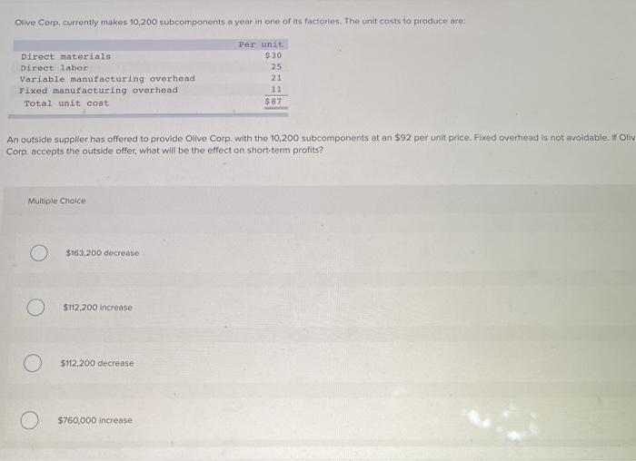  Olive Corp. currently makes 10,200 subcomponents a year in one of