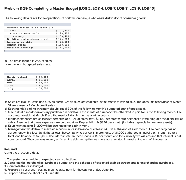 Question 5. Problem 8-29 Completing a Master Budget [LO8-2, LO8-4, LO8-7, LO8-8,