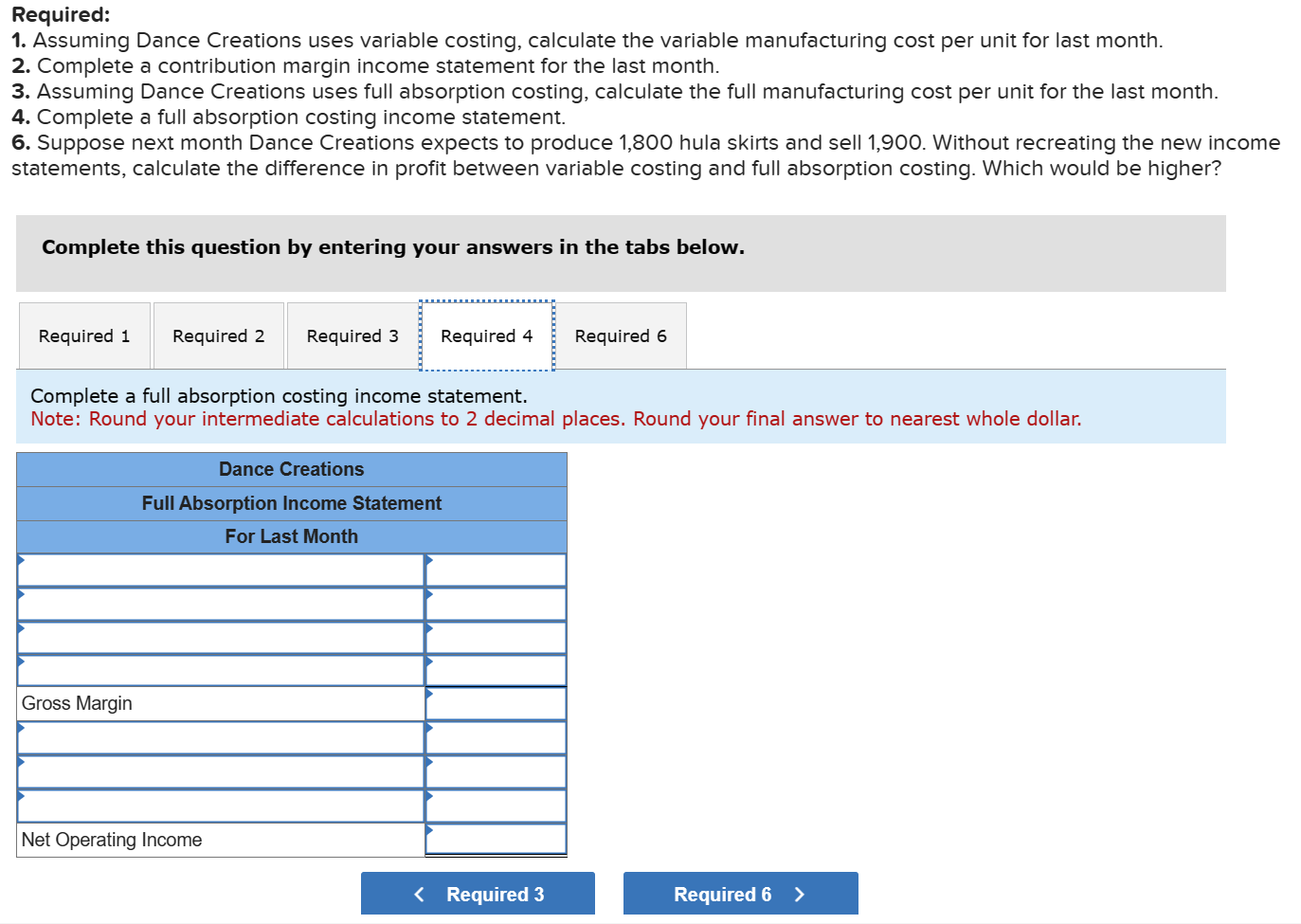the company incurred the following costs: Dance Creations charges $35 for each
