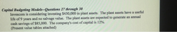  Data Question Capital Budgeting Models-Questions 27 through 30 Invescom is considering