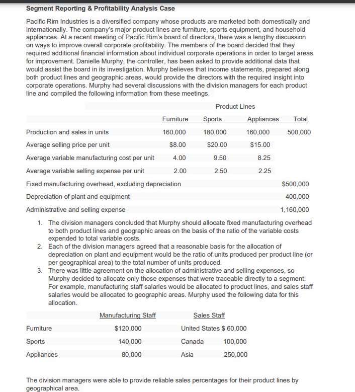  Segment Reporting \& Profitability Analysis Case Pacific Rim Industries is a
