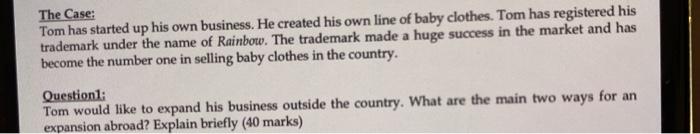  The Case: Tom has started up his own business. He created