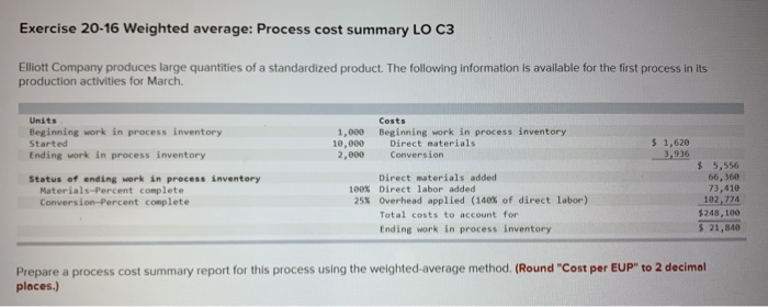  Exercise 20-16 Weighted average: Process cost summary LO C3 Elliott Company