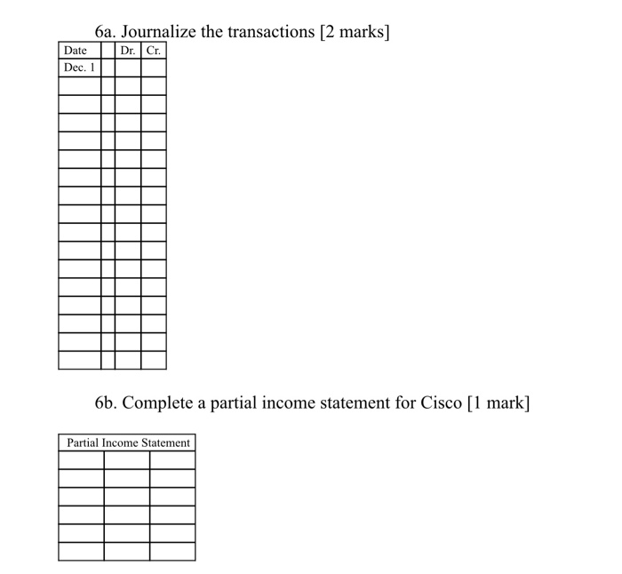  6a. Journalize the transactions [2 marks] Dr. Cr. Date Dec. 1