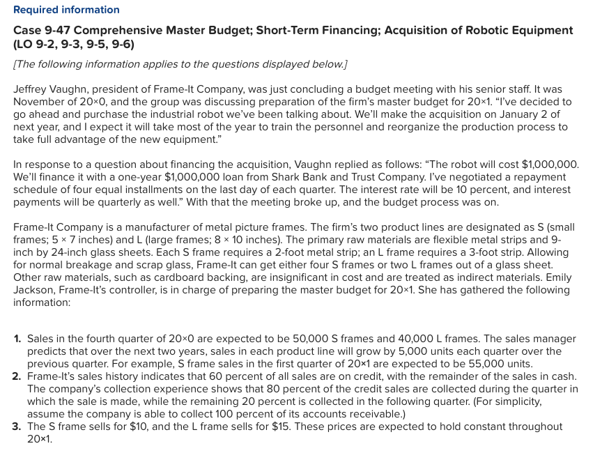 Required information Case 9-47 Comprehensive Master Budget; Short-Term Financing; Acquisition of