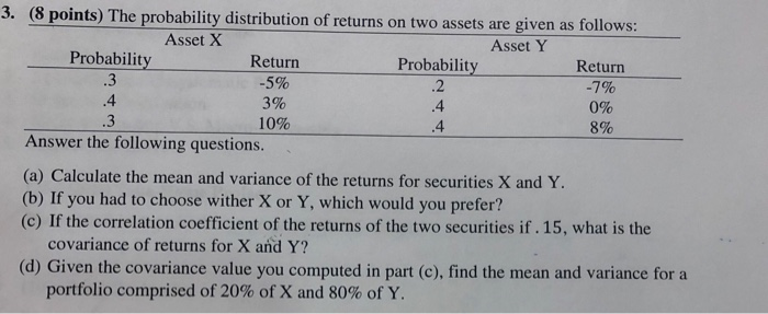  3. (8 points) The probability distribution of returns on two assets
